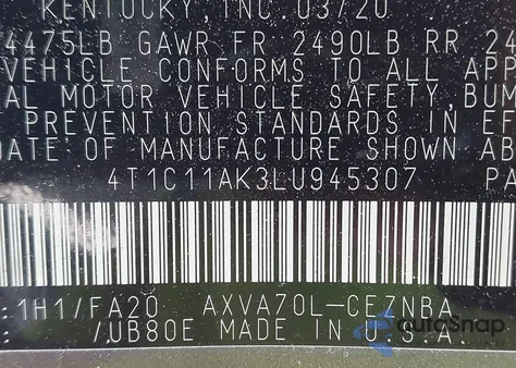 2020 Toyota Camry Le из США, поврежденный, VIN 4T1C11AK3LU945307